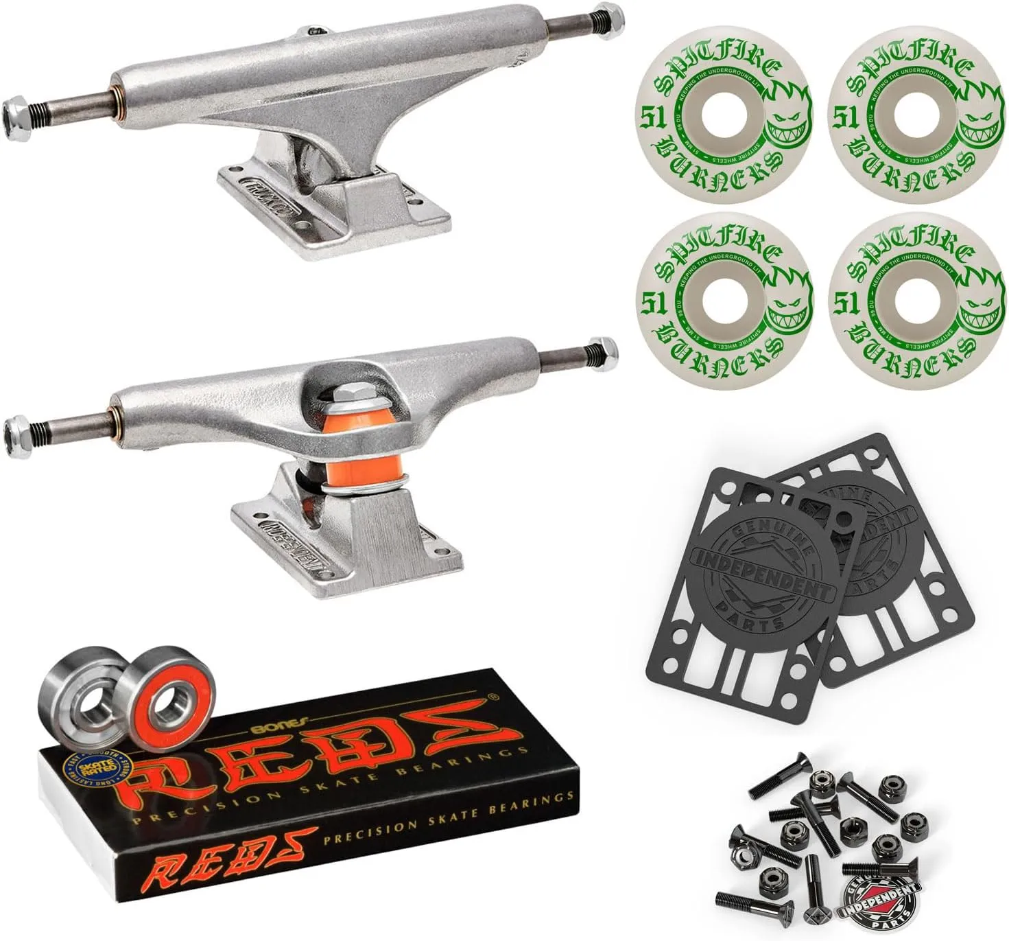Skateboard Trucks 129 Mid   51mm Spitfire Burners Wheels, Bones Bearings