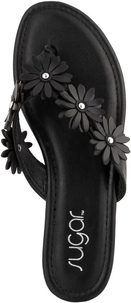 Sugar Women’s Vegan Leather Flip Flops with Embellished Floral Design – Dressy Thong Sandals, Perfect for Casual, Beach, or Pool Wear