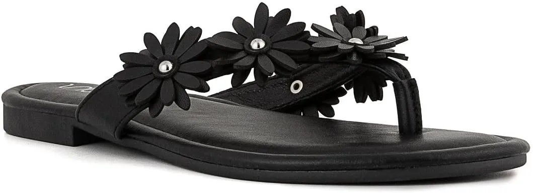 Sugar Women’s Vegan Leather Flip Flops with Embellished Floral Design – Dressy Thong Sandals, Perfect for Casual, Beach, or Pool Wear