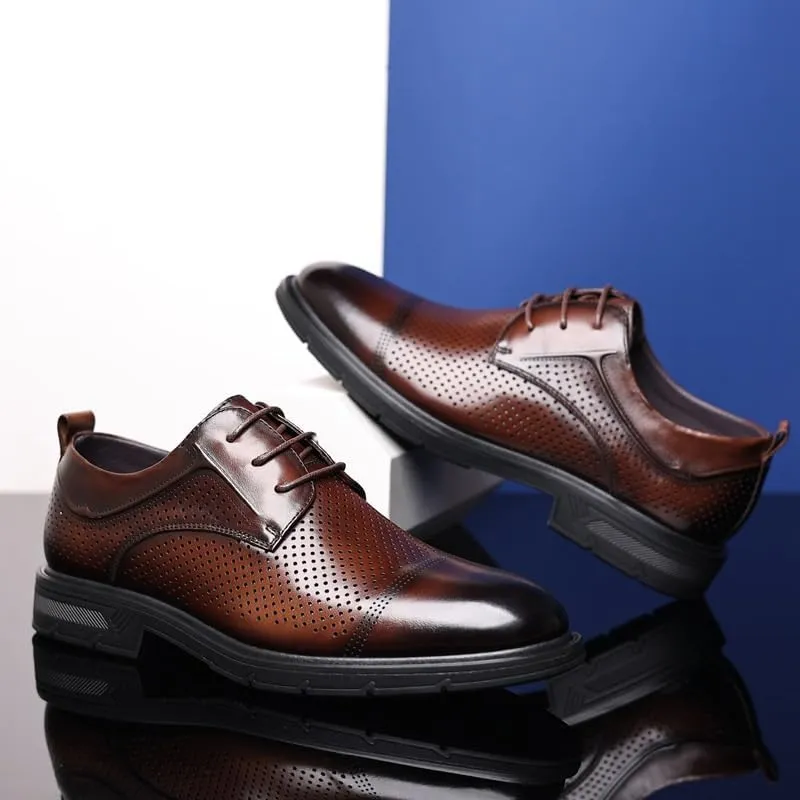 Summer Hollowout Breathable Leather Shoes Daily All-Match Casual Lace Up Oxford Shoes Low Top Non Slip Walking