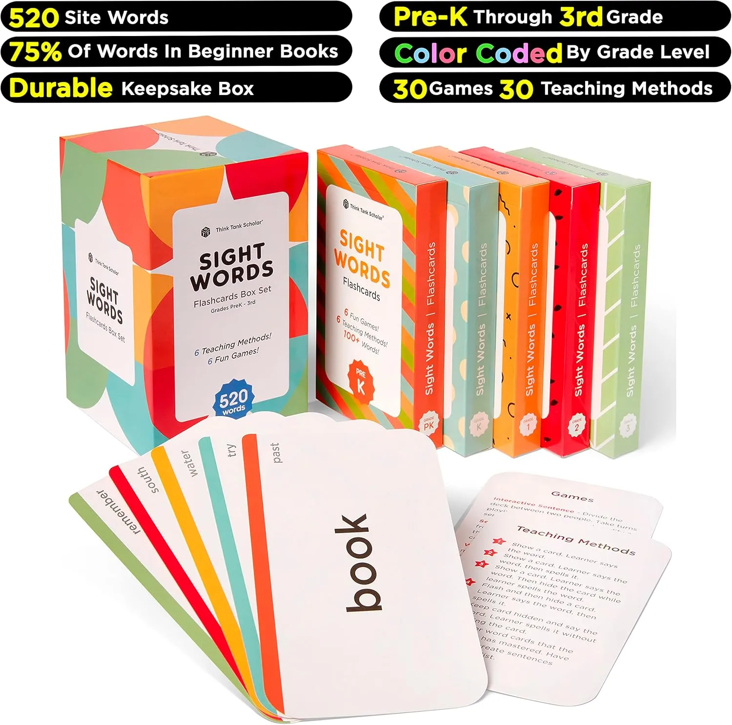 Think Tank Scholar 520 Sight Words Flash Cards (Award-Winning) Dolch & Fry, High Frequency Words - Preschool (Pre K) Kindergarten 1st 2nd 3rd Grade Homeschool (Kids Ages 3, 4, 5, 6, 7, 8, 9) Set