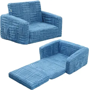 Toddler Couch for Kids – 2-in-1 Fold Out Sofa and Lounger, Soft Flannel Convertible Chair, Flip Open Kids Couch (Blue)
