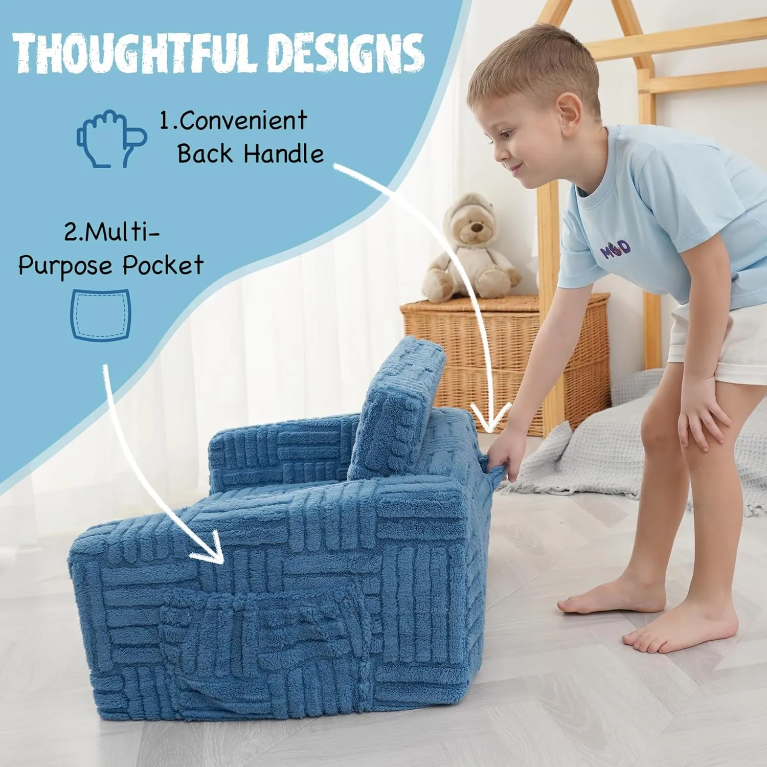 Toddler Couch for Kids – 2-in-1 Fold Out Sofa and Lounger, Soft Flannel Convertible Chair, Flip Open Kids Couch (Blue)