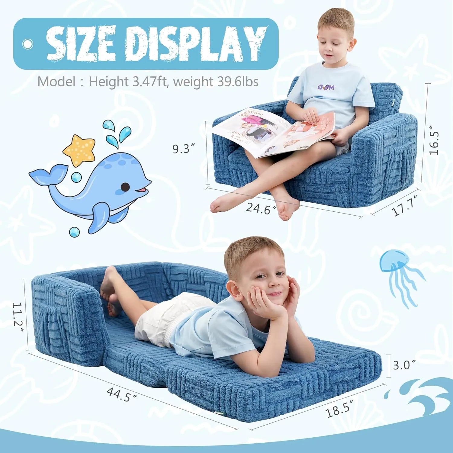 Toddler Couch for Kids – 2-in-1 Fold Out Sofa and Lounger, Soft Flannel Convertible Chair, Flip Open Kids Couch (Blue)