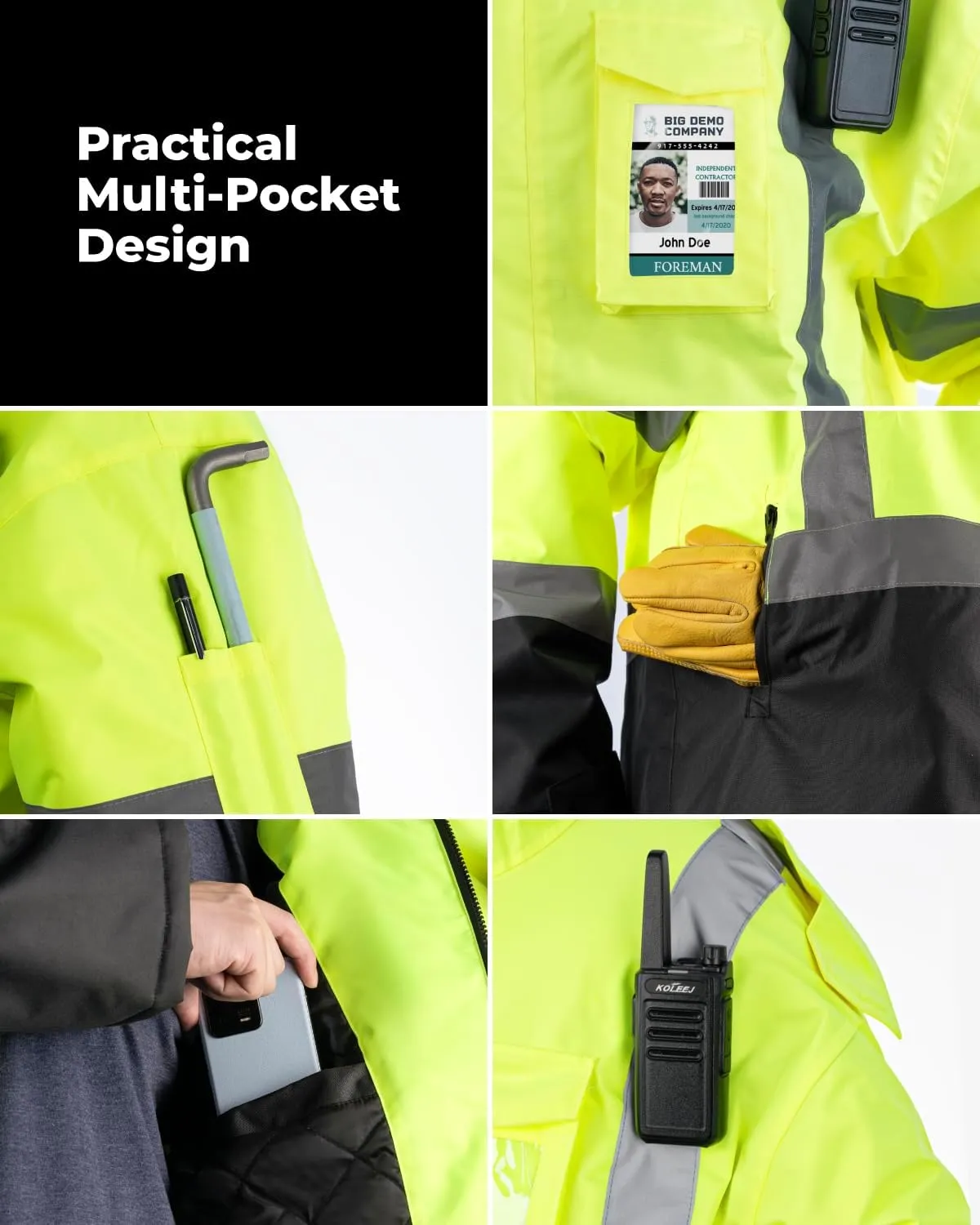 toolant 100% Waterproof Safety Jackets for Men, Hi Vis Reflective Work Jackets, Construction Rain Coats for Cold Weather