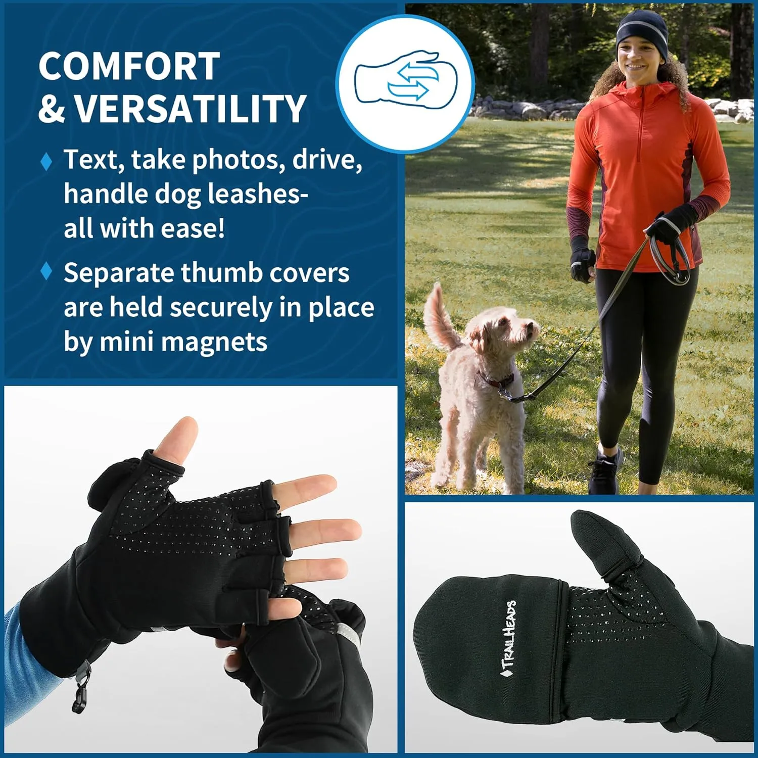 TrailHeads Convertible Running Mittens for Women – Fingerless Gloves with Reflective Accents – Running, Hiking Gloves Black