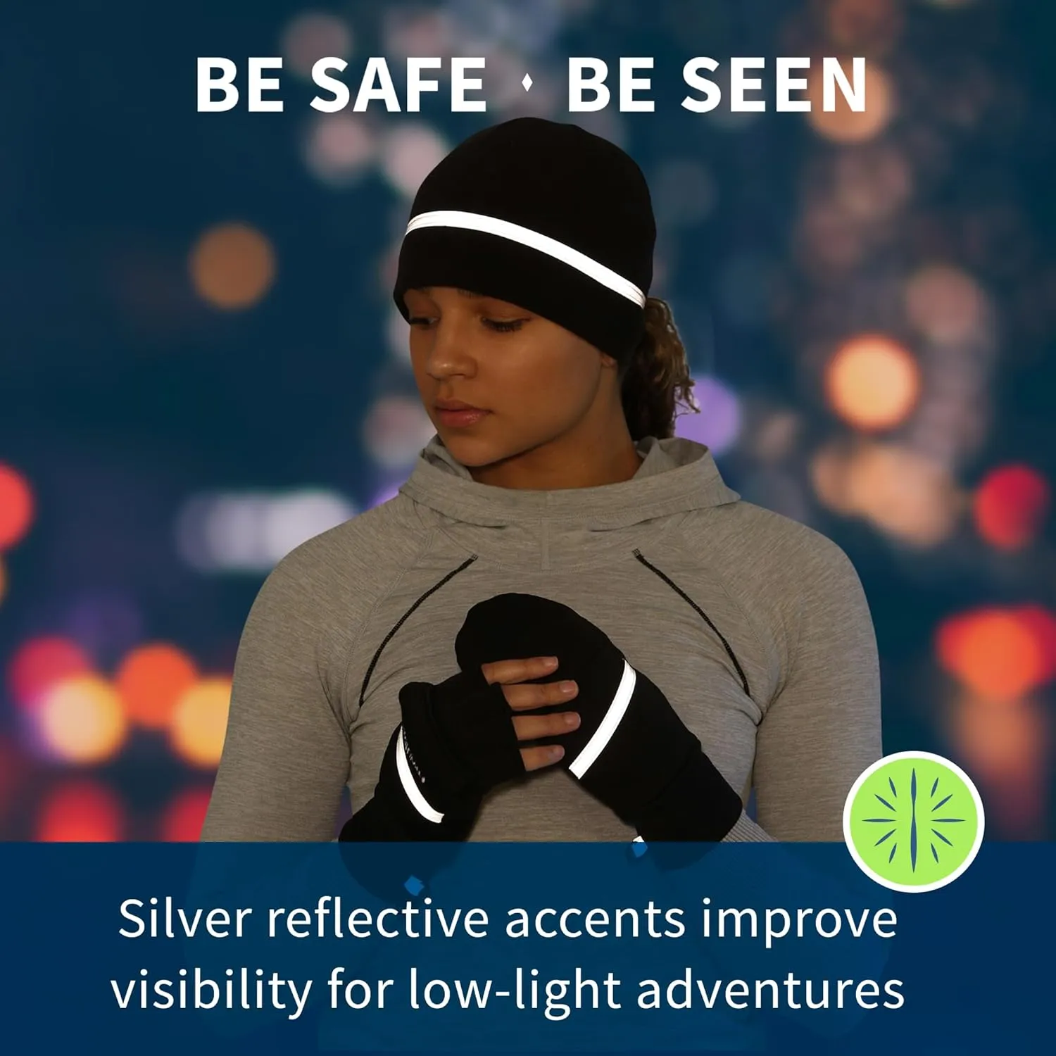 TrailHeads Convertible Running Mittens for Women – Fingerless Gloves with Reflective Accents – Running, Hiking Gloves Black