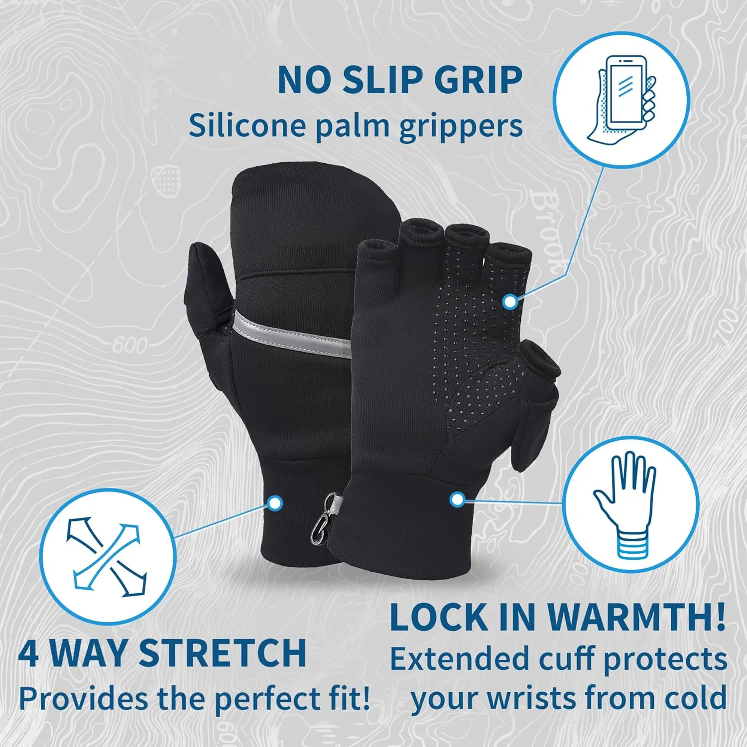 TrailHeads Convertible Running Mittens for Women – Fingerless Gloves with Reflective Accents – Running, Hiking Gloves Black