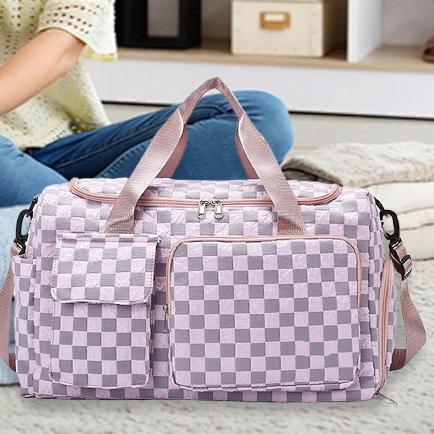 Travel Bag,Large Capacity Duffel Pack | Waterproof Plaid Travel Bag with Shoe Compartment for Camping Swimming Beach Swim Pool Sports Gym