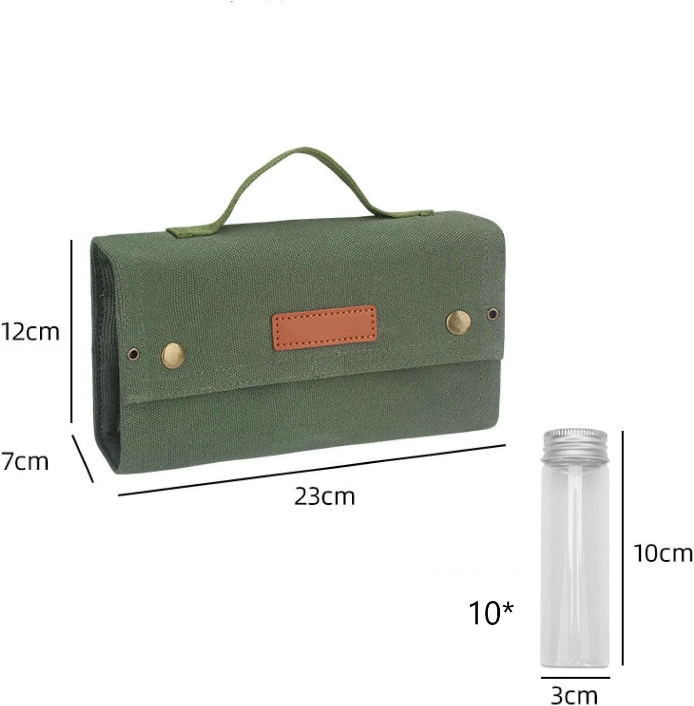 Travel Spice Kit, Portable Spice Bag with 10 Spice Jars, Canvas Seasoning Storage Bag Organizer, Seasoning Bottle Holder with Mini Condiment Bottle, Condiment Container Set for Camping BBQ(Green)