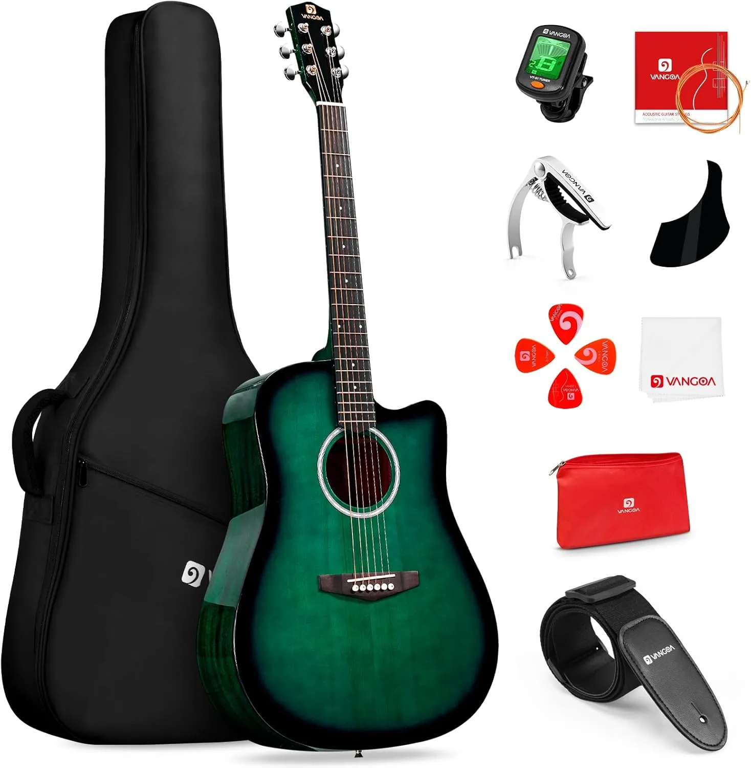 Vangoa Acoustic Guitar, 41 inch Full Size Cutaway Acoustic Guitar Kit with Padded Case, Tuner, Strap, Picks, Capo, Extra Strings for Beginners, Green