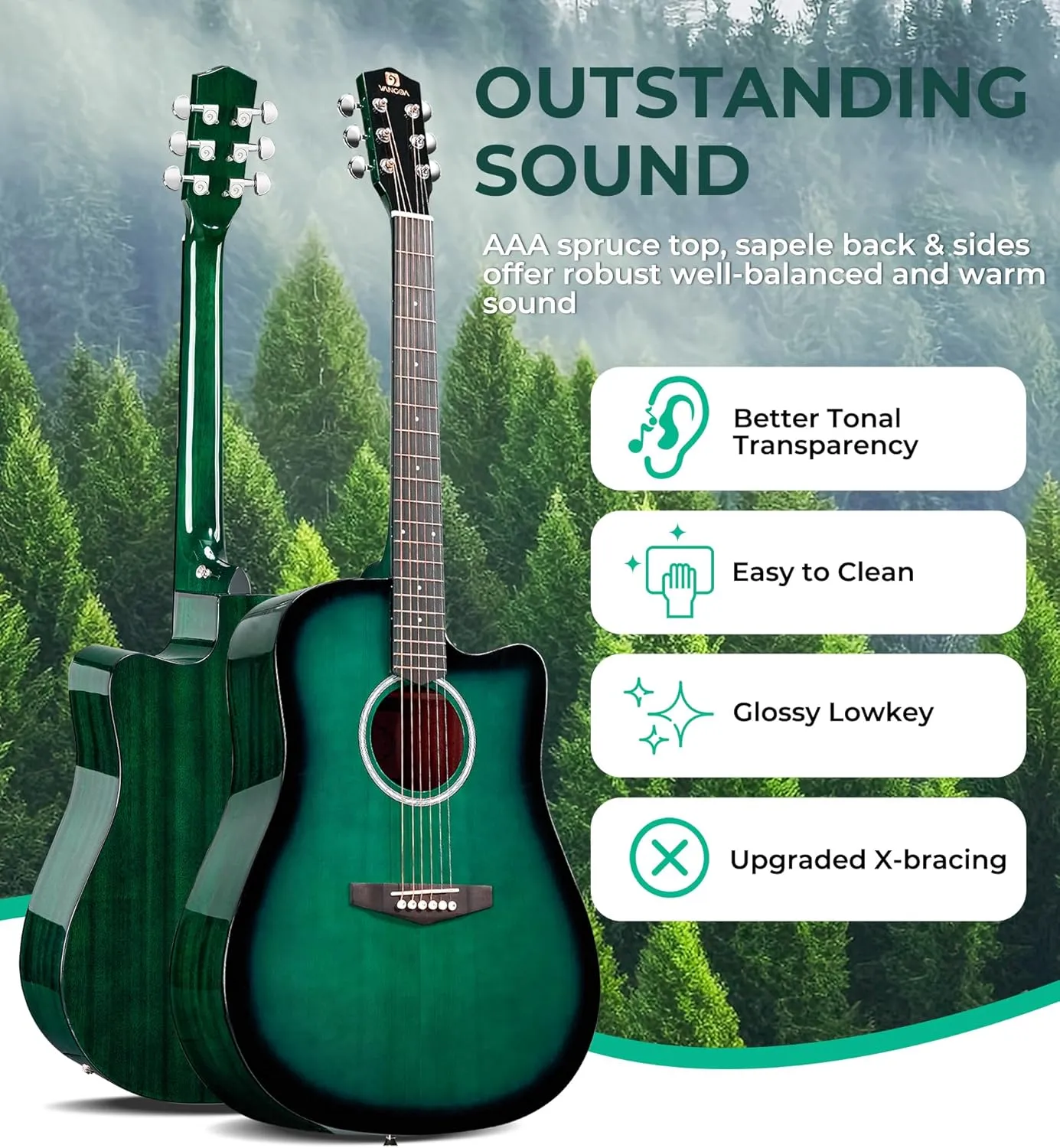 Vangoa Acoustic Guitar, 41 inch Full Size Cutaway Acoustic Guitar Kit with Padded Case, Tuner, Strap, Picks, Capo, Extra Strings for Beginners, Green