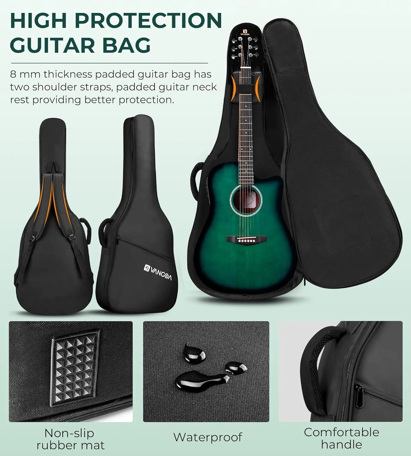 Vangoa Acoustic Guitar, 41 inch Full Size Cutaway Acoustic Guitar Kit with Padded Case, Tuner, Strap, Picks, Capo, Extra Strings for Beginners, Green