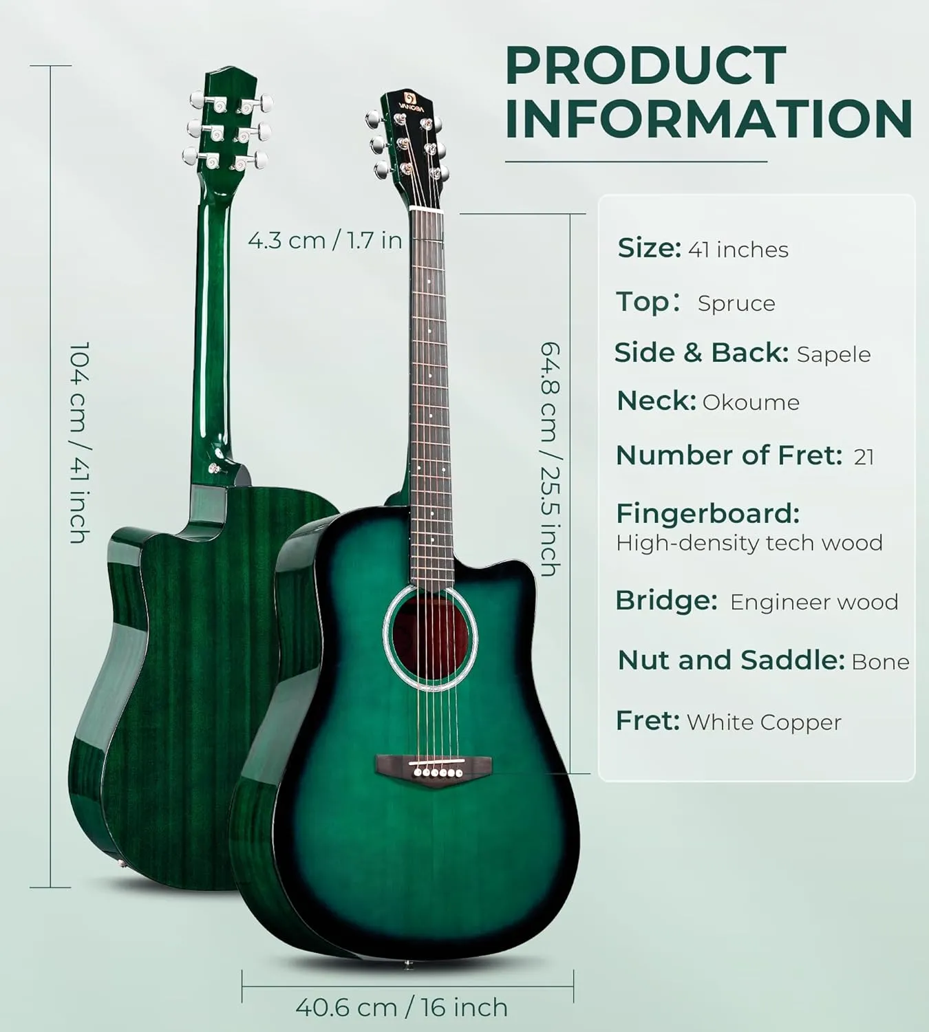 Vangoa Acoustic Guitar, 41 inch Full Size Cutaway Acoustic Guitar Kit with Padded Case, Tuner, Strap, Picks, Capo, Extra Strings for Beginners, Green