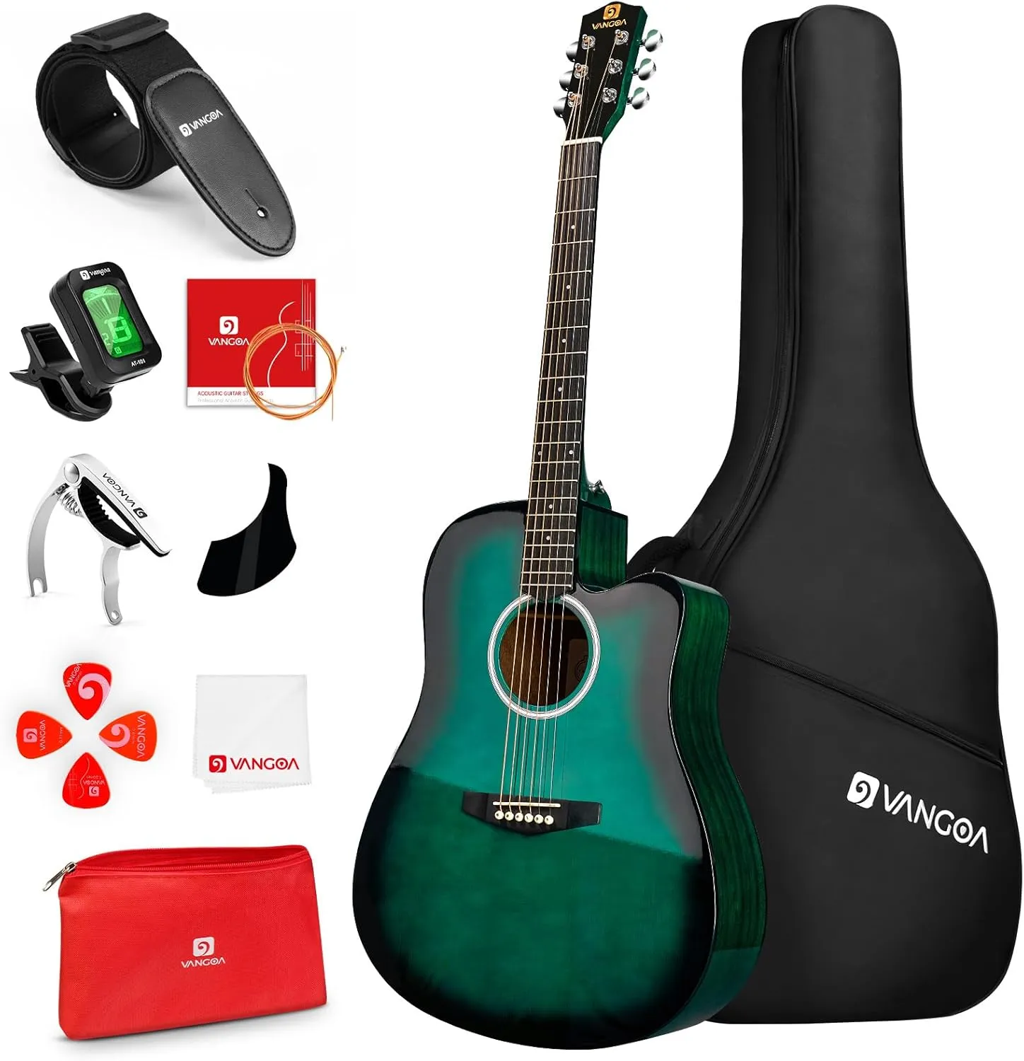 Vangoa Acoustic Guitar, 41 inch Full Size Cutaway Acoustic Guitar Kit with Padded Case, Tuner, Strap, Picks, Capo, Extra Strings for Beginners, Green