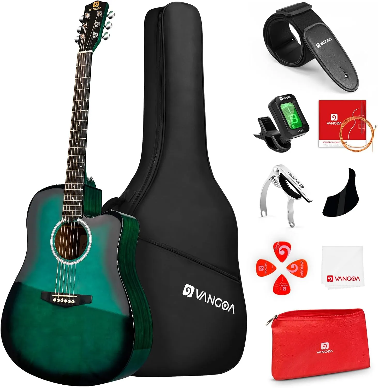 Vangoa Acoustic Guitar, 41 inch Full Size Cutaway Acoustic Guitar Kit with Padded Case, Tuner, Strap, Picks, Capo, Extra Strings for Beginners, Green