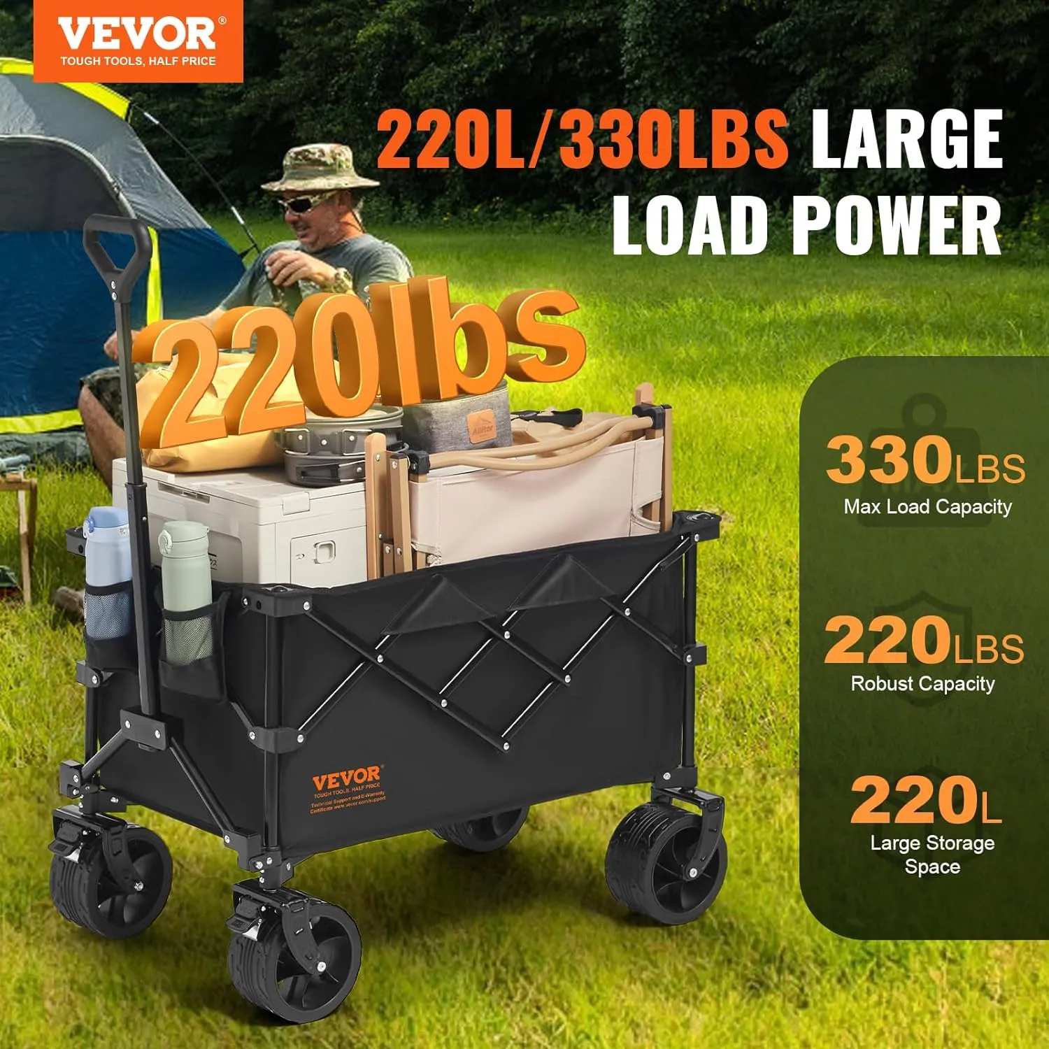 VEVOR Collapsible Folding Wagon 220L/350LBS, Heavy Duty Beach Wagon Cart Foldable with Big Wheels, Outdoor Utility Wagon All Terrain Wagon for Groceries Camping 35 x 21.3 x 42.5 in