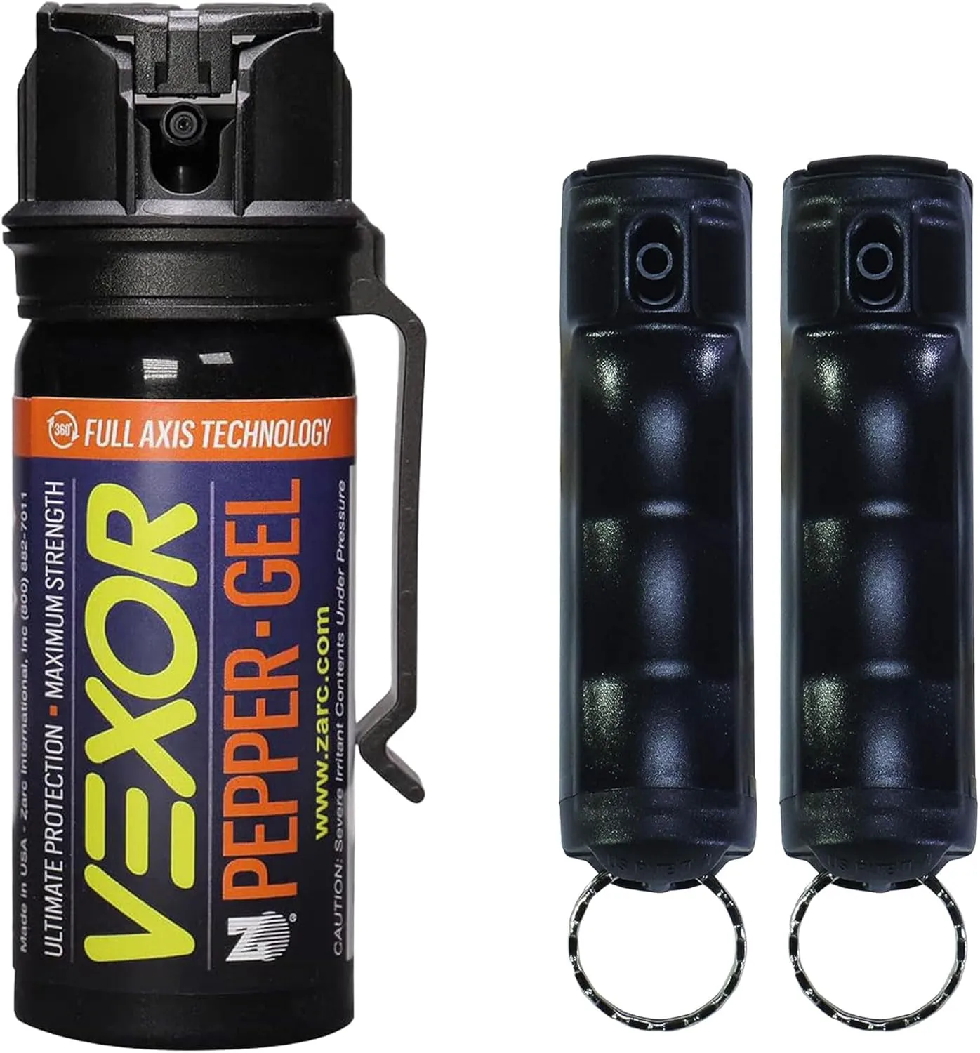 Vexor Pepper Protection Bundle - 1 Full Axis Gel with Belt Clip, 18 Ft. Range   2 Pack Police Strength Flip-Top Spray, 20  Shots, 10-12 Ft. Range