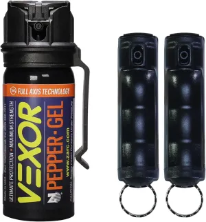 Vexor Pepper Protection Bundle - 1 Full Axis Gel with Belt Clip, 18 Ft. Range   2 Pack Police Strength Flip-Top Spray, 20  Shots, 10-12 Ft. Range