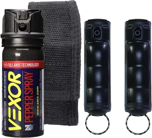 Vexor Pepper Spray 3 Pack Bundle - Full Axis with Belt Clip w/HolsterSelf Defense Police Strength, 20 Ft. Range   2 Pack Flip-Top Finger Grip, 20  Shots, 10-12 Ft. Range