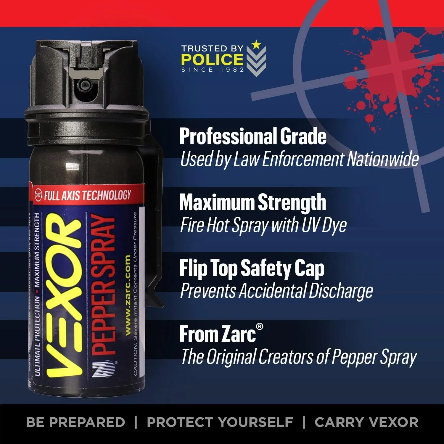 Vexor Pepper Spray Full Axis with Belt Clip for Self Defense — Maximum Police Strength, 20-Foot Range, Full Axis Capability, Flip Top Safety for Quick and Accurate Aim, Protection