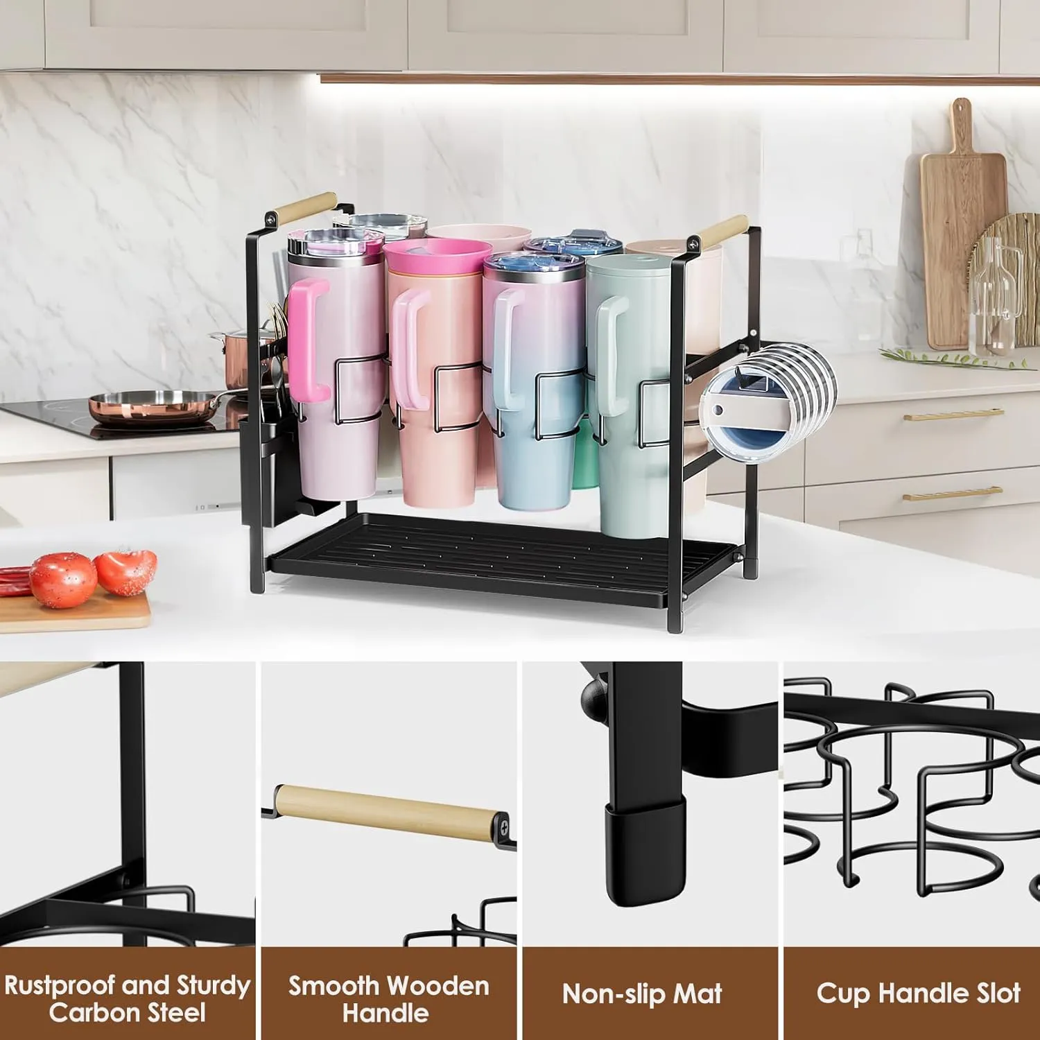 Water Bottle Organizer Drying Rack for 40 oz Tumbler with Handle, Multifunctional Cup Storage Holder Compatible with Stanley, Owala, Simple Modern and Other Brands, 8 Slots (Patented)
