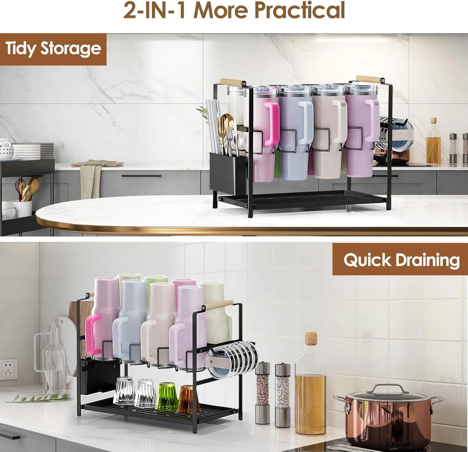 Water Bottle Organizer Drying Rack for 40 oz Tumbler with Handle, Multifunctional Cup Storage Holder Compatible with Stanley, Owala, Simple Modern and Other Brands, 8 Slots (Patented)