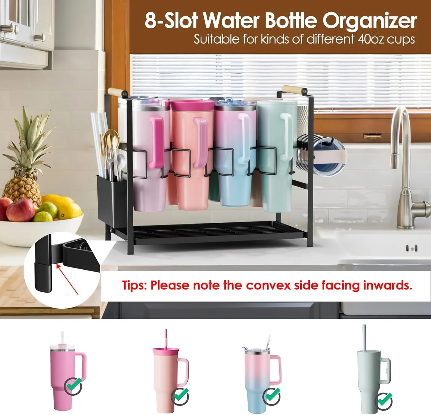 Water Bottle Organizer Drying Rack for 40 oz Tumbler with Handle, Multifunctional Cup Storage Holder Compatible with Stanley, Owala, Simple Modern and Other Brands, 8 Slots (Patented)