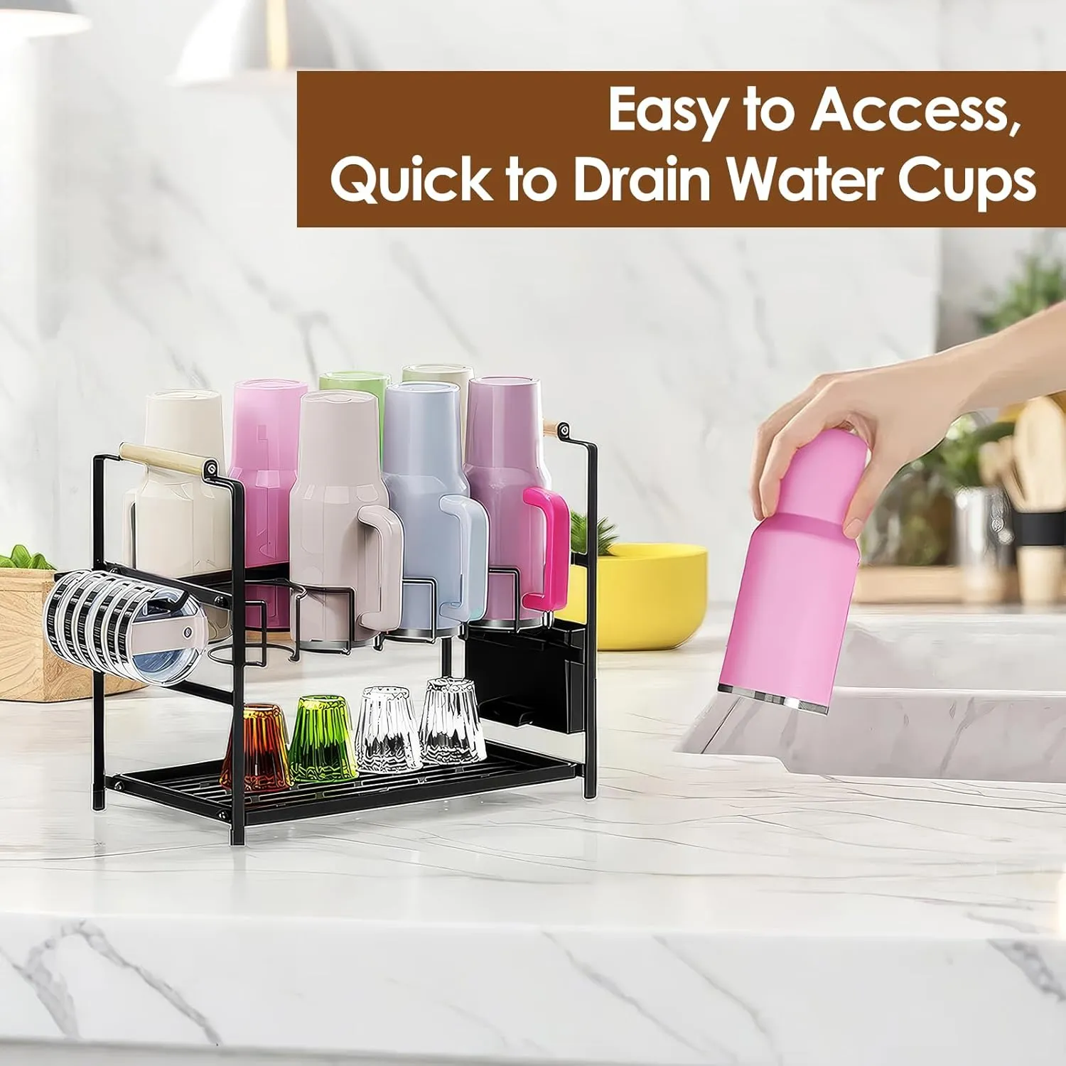 Water Bottle Organizer Drying Rack for 40 oz Tumbler with Handle, Multifunctional Cup Storage Holder Compatible with Stanley, Owala, Simple Modern and Other Brands, 8 Slots (Patented)