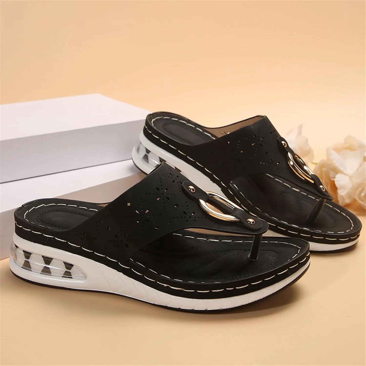 Wedge Sandals for Women Summer Dressy Platform Flip Flops Casual Hollow Out Walking Sandal Comfortable Platform Non Slip Flip Flop Low Wedges Wedding Sandals with Arch Support
