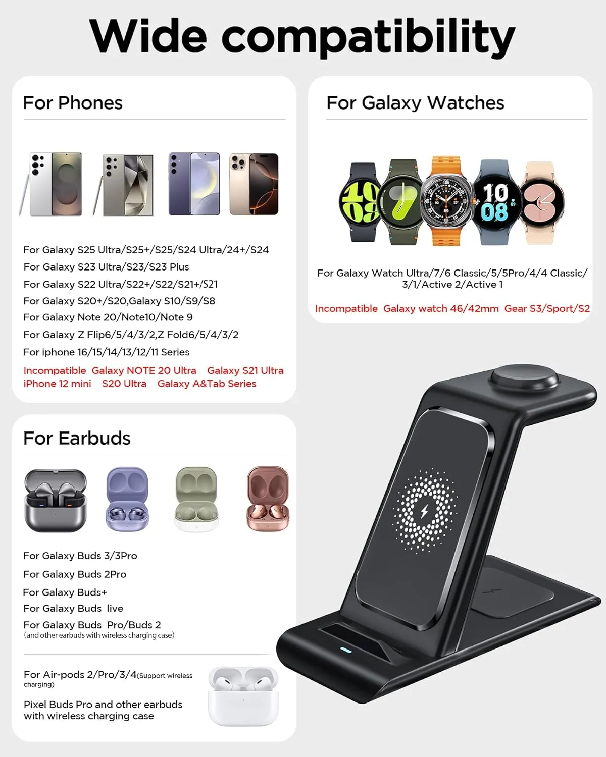 Wireless Charging Station for Samsung Wireless Charger Galaxy S25 Ultra/S25/S24/S23/S22/S21/S20/S10/Note20/10/9/8 Galaxy Watch 7/6/5 Pro/4/3 Active 2/1 Stand Galaxy Buds3/2 Pro/Live Multiple Devices