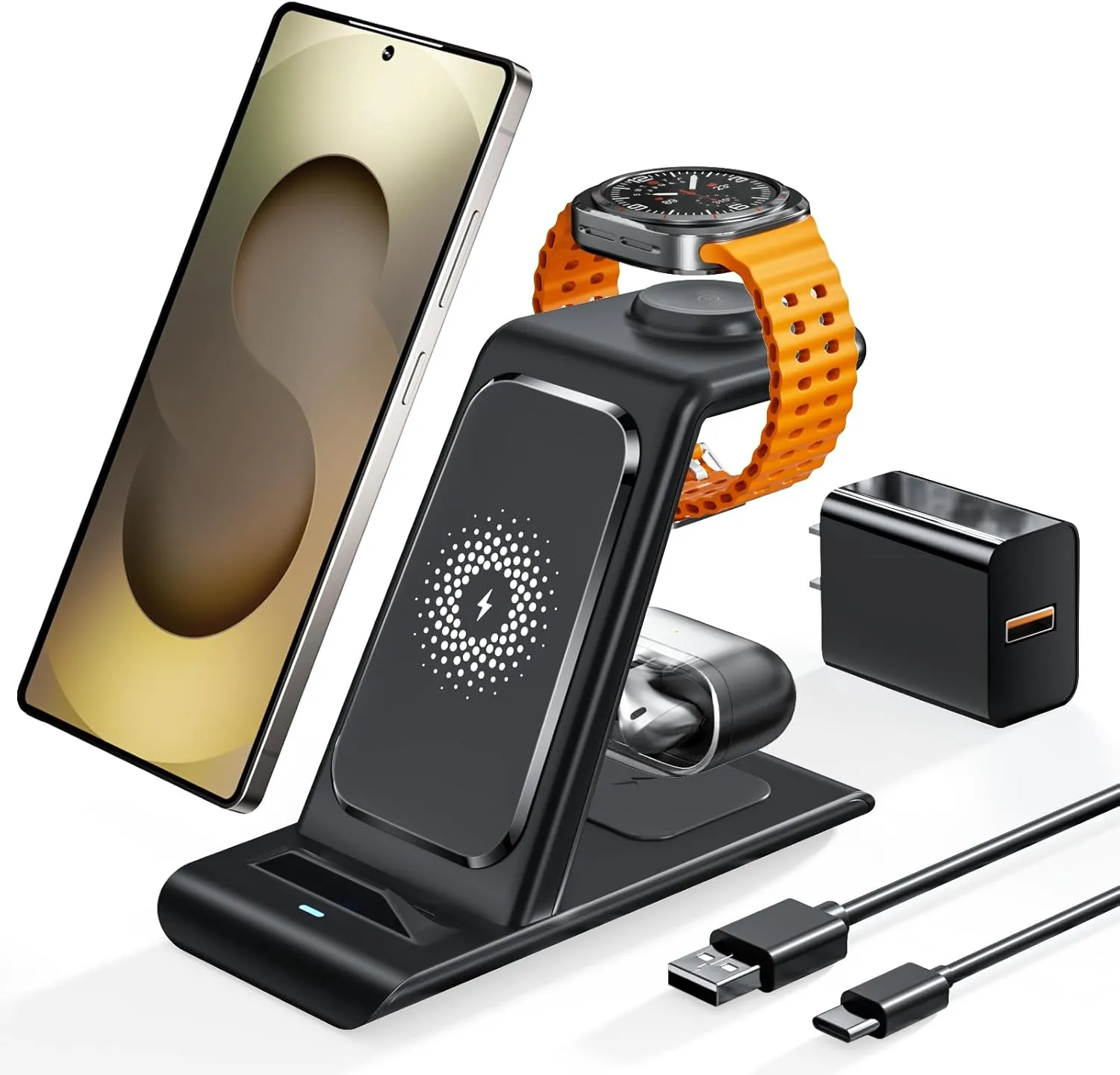 Wireless Charging Station for Samsung Wireless Charger Galaxy S25 Ultra/S25/S24/S23/S22/S21/S20/S10/Note20/10/9/8 Galaxy Watch 7/6/5 Pro/4/3 Active 2/1 Stand Galaxy Buds3/2 Pro/Live Multiple Devices