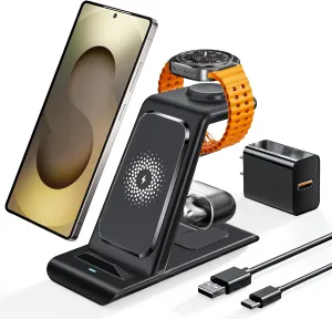 Wireless Charging Station for Samsung Wireless Charger Galaxy S25 Ultra/S25/S24/S23/S22/S21/S20/S10/Note20/10/9/8 Galaxy Watch 7/6/5 Pro/4/3 Active 2/1 Stand Galaxy Buds3/2 Pro/Live Multiple Devices