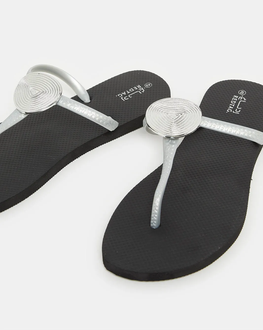 Women Black With Silver Buckle Trim Flip Flop