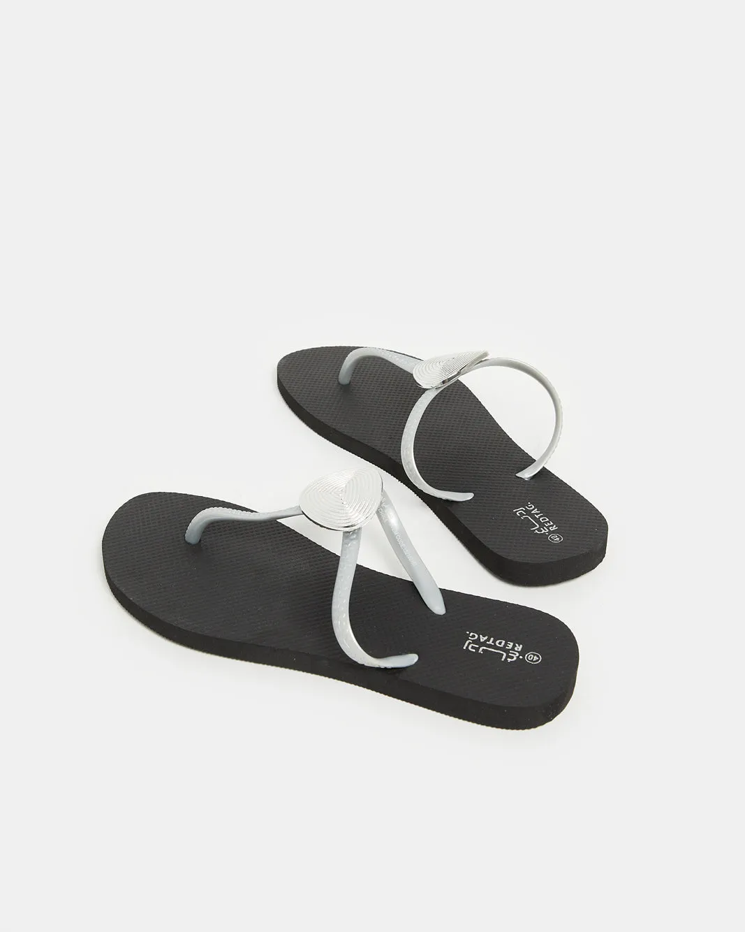 Women Black With Silver Buckle Trim Flip Flop