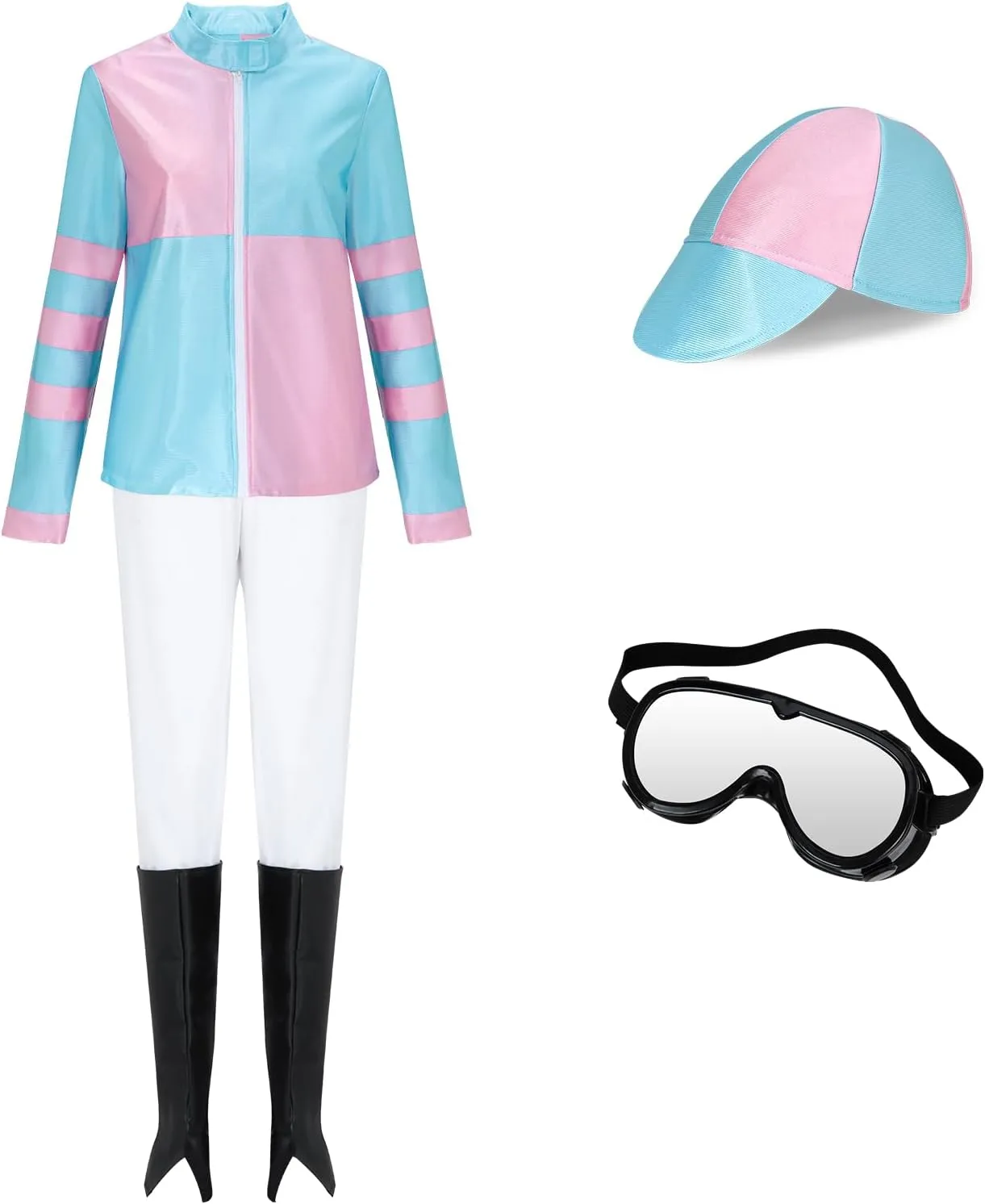 Women Horse Rider Halloween Costume Outfit Equestrian Suits Sports Cycling Top Pants Hat Goggles Boot Covers Full Set