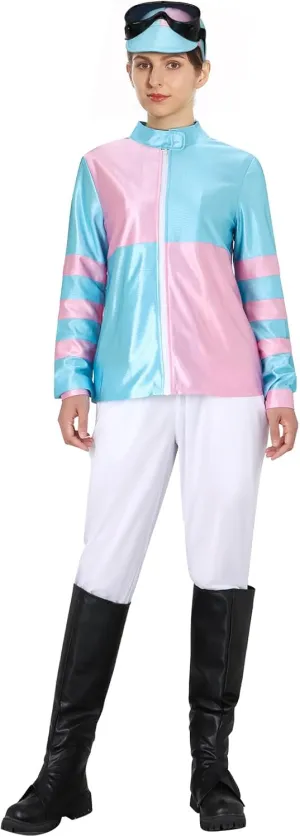 Women Horse Rider Halloween Costume Outfit Equestrian Suits Sports Cycling Top Pants Hat Goggles Boot Covers Full Set