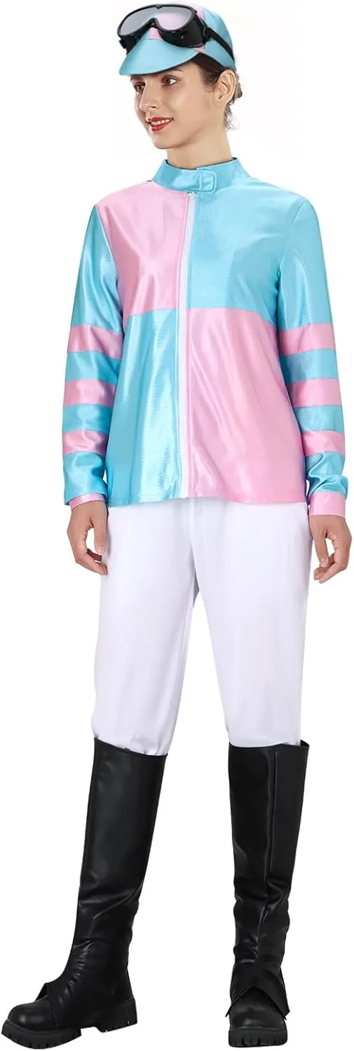 Women Horse Rider Halloween Costume Outfit Equestrian Suits Sports Cycling Top Pants Hat Goggles Boot Covers Full Set