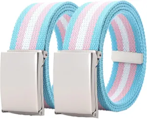 Women Men Canvas Web Belt Size Up to 71" with Flip Top Solid Matte Silver Military Buckle, 2 Pack