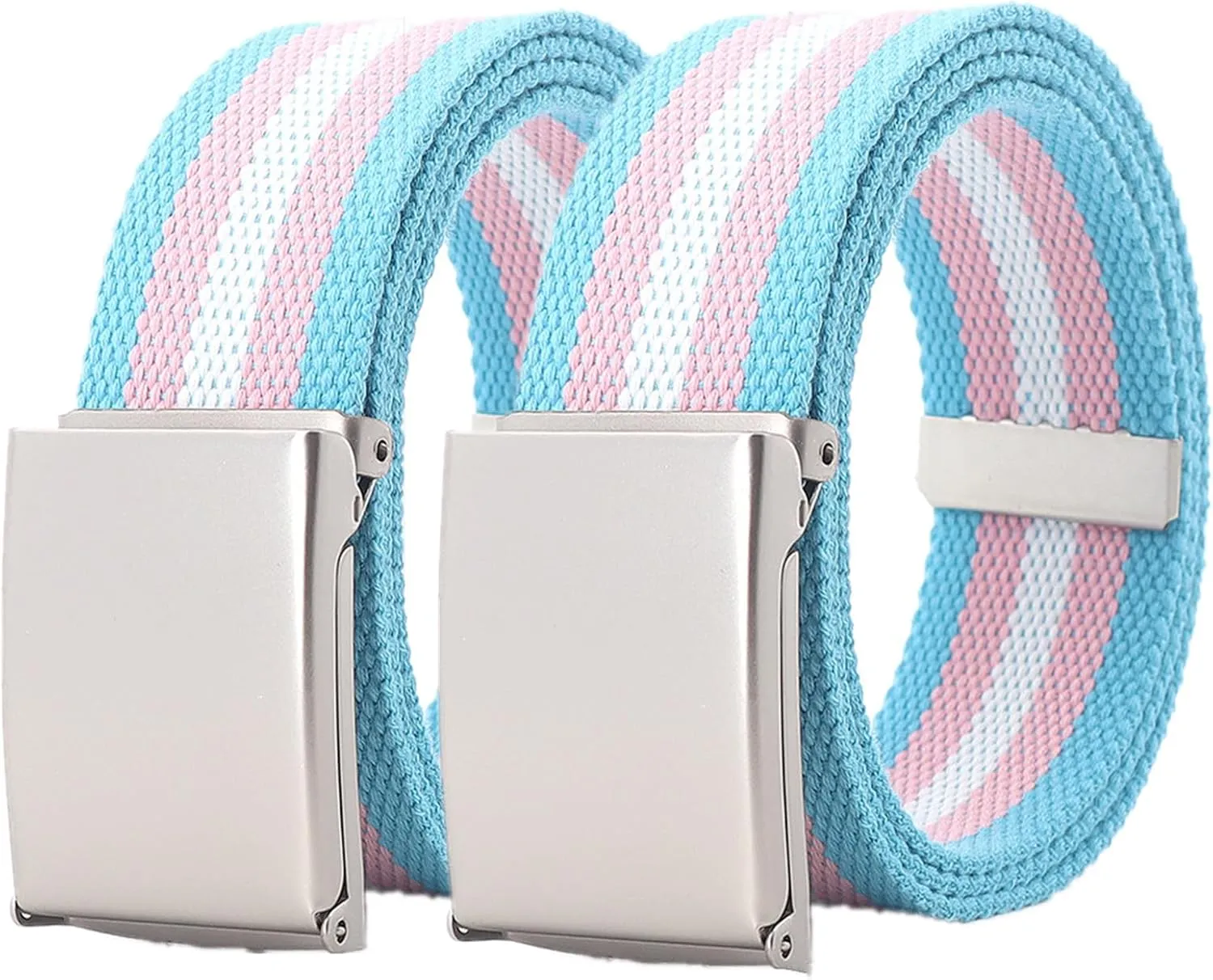 Women Men Canvas Web Belt Size Up to 71" with Flip Top Solid Matte Silver Military Buckle, 2 Pack