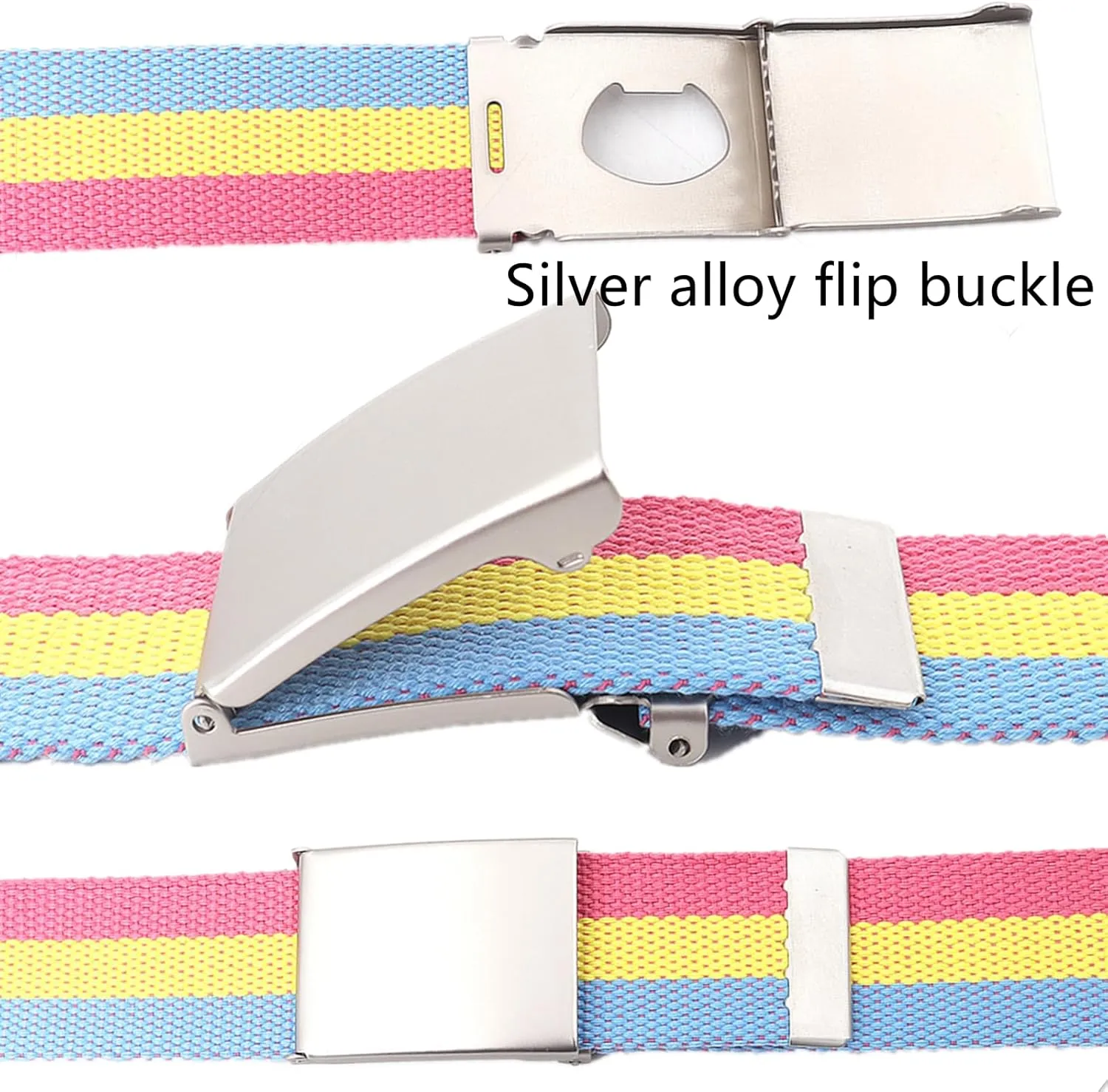 Women Men Canvas Web Belt Size Up to 71" with Flip Top Solid Matte Silver Military Buckle, 2 Pack