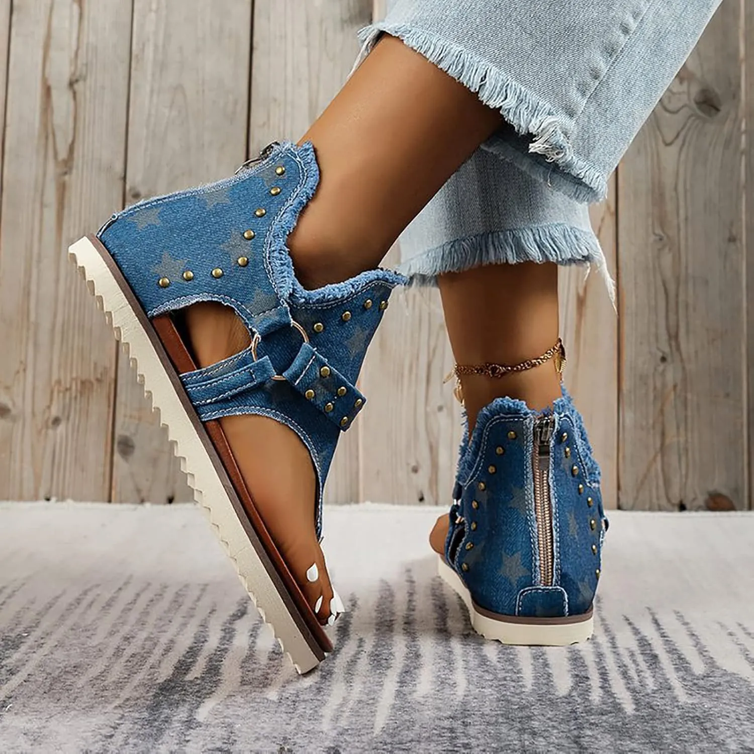 Women's Clip-Toe Flip Flops Studded Canvas Flat Sandals,Summer Fashion Buckle-Strap Back Zipper Orthopedic Open Toe Flops,Casual Fringe Boho Comfy Slip on Beach Slippers