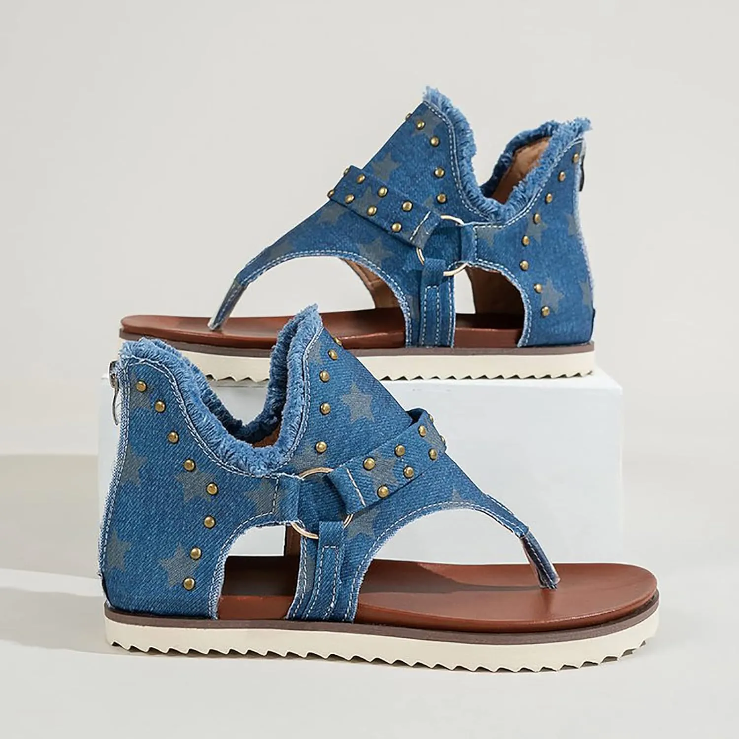 Women's Clip-Toe Flip Flops Studded Canvas Flat Sandals,Summer Fashion Buckle-Strap Back Zipper Orthopedic Open Toe Flops,Casual Fringe Boho Comfy Slip on Beach Slippers