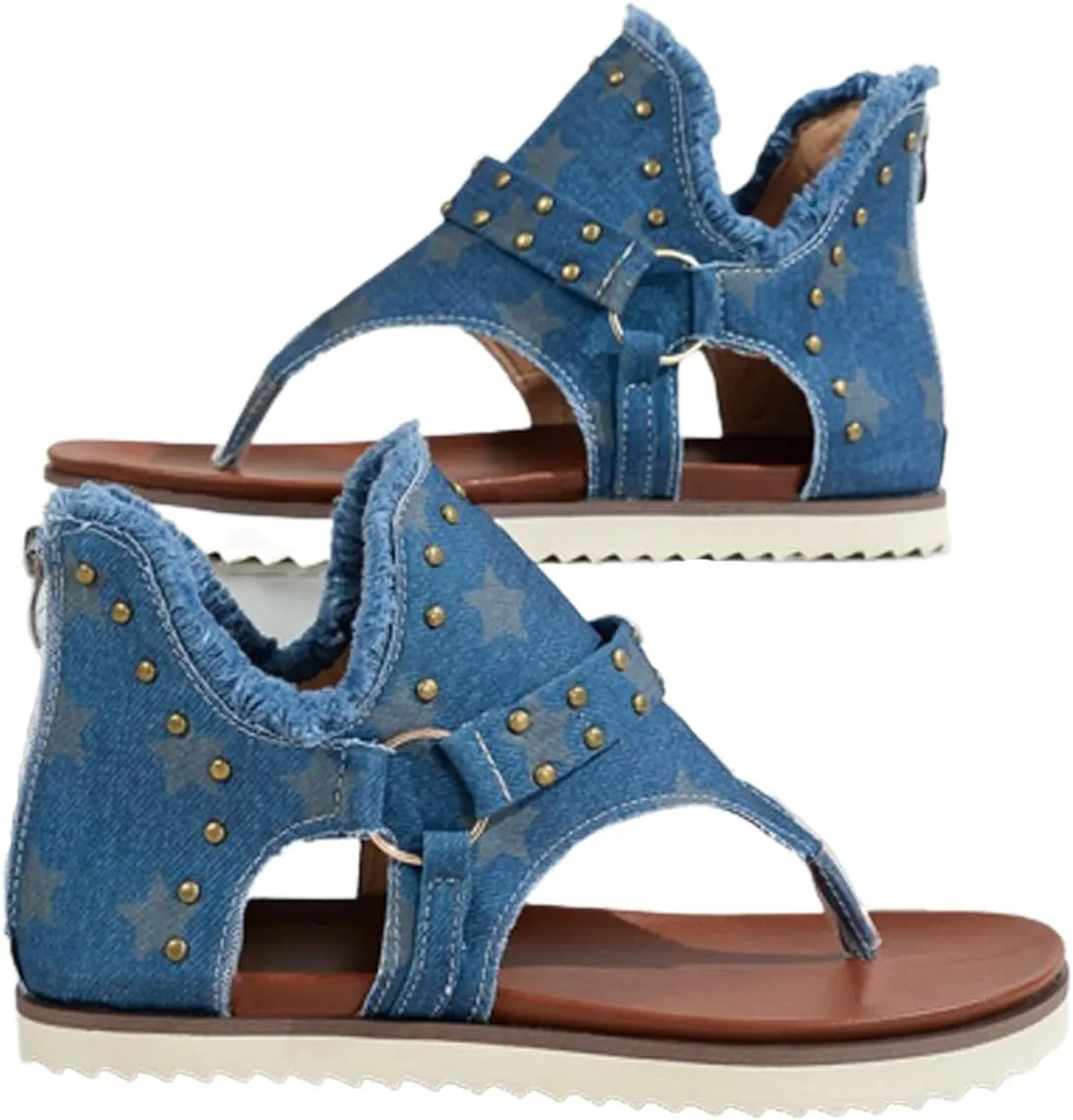 Women's Clip-Toe Flip Flops Studded Canvas Flat Sandals,Summer Fashion Buckle-Strap Back Zipper Orthopedic Open Toe Flops,Casual Fringe Boho Comfy Slip on Beach Slippers