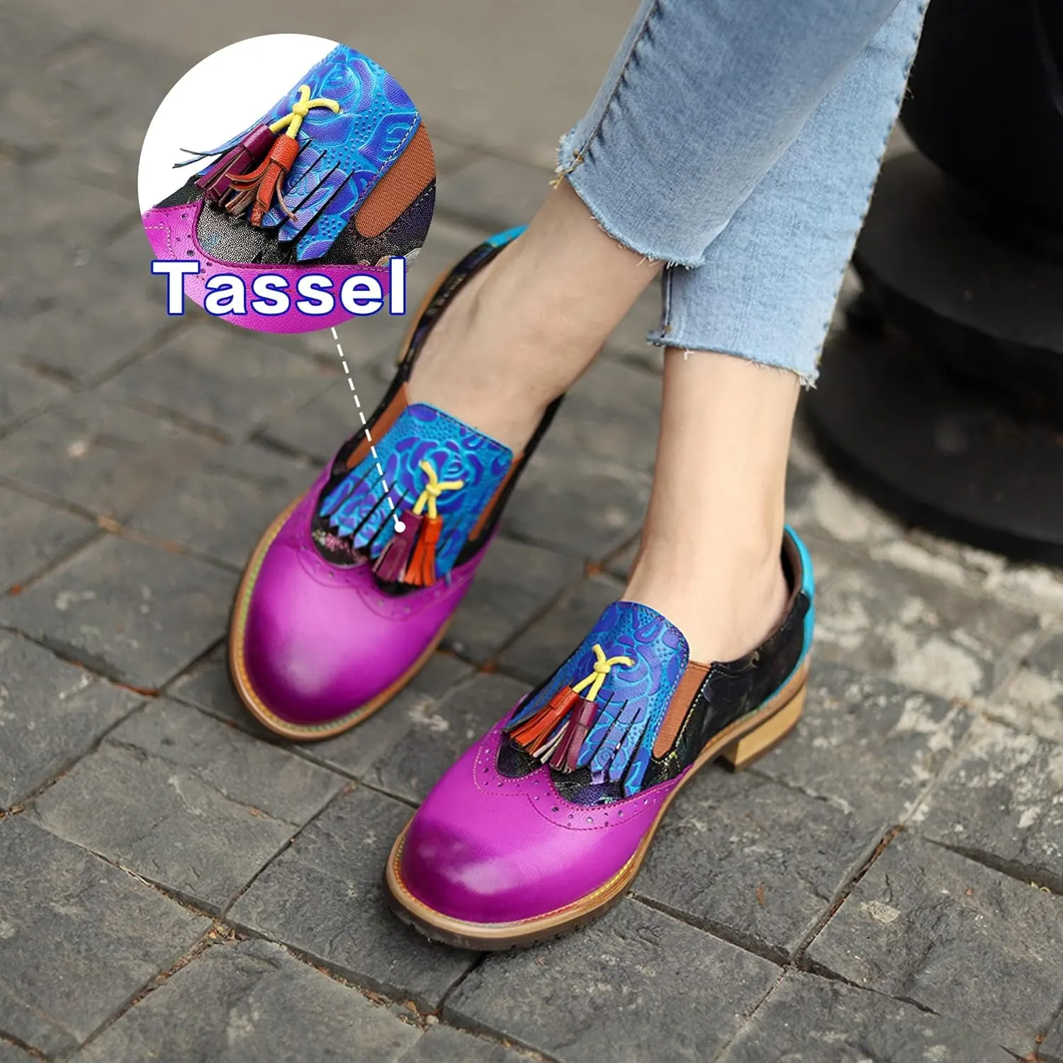 Women's Handmade Lambskin Oxford Loafers Shoes with Retro Ethnic Printed Style, Brock Design for Casual and Fashion Collegiate Style
