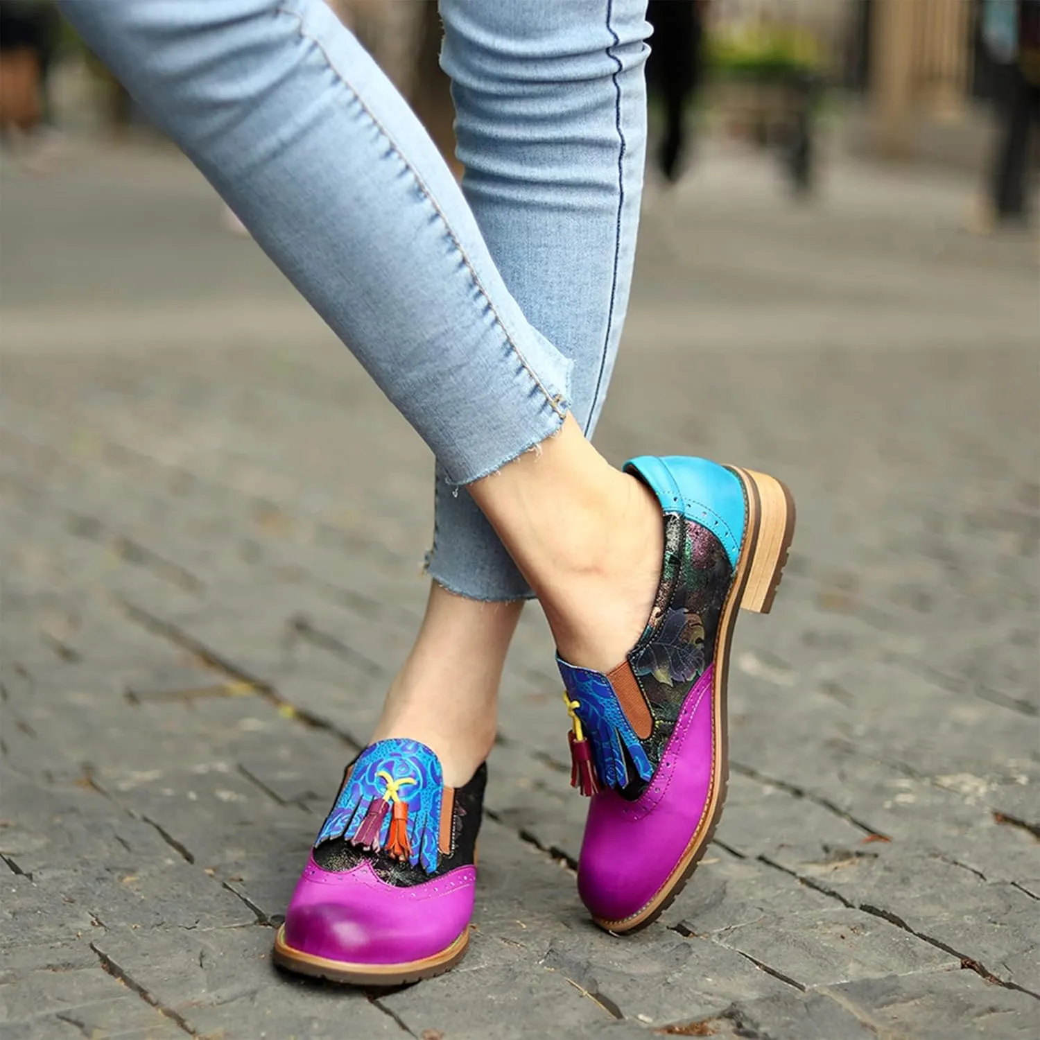 Women's Handmade Lambskin Oxford Loafers Shoes with Retro Ethnic Printed Style, Brock Design for Casual and Fashion Collegiate Style