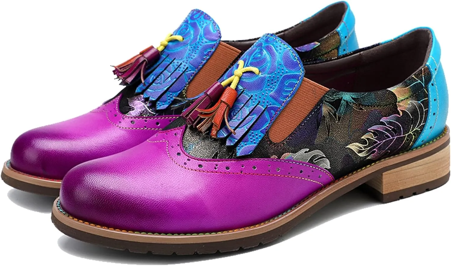Women's Handmade Lambskin Oxford Loafers Shoes with Retro Ethnic Printed Style, Brock Design for Casual and Fashion Collegiate Style