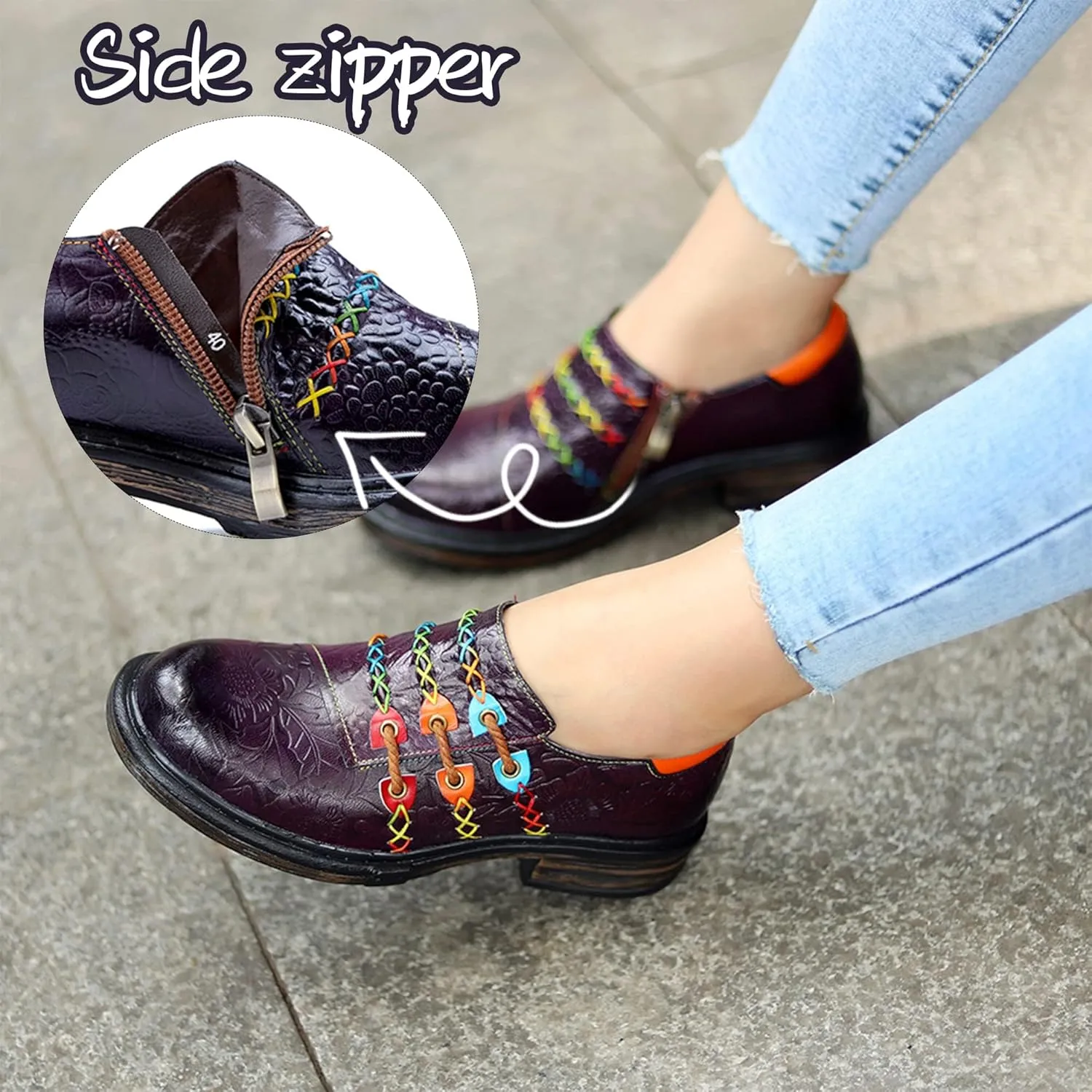 Women's Handmade Lambskin Oxford Loafers Shoes with Retro Ethnic Printed Style, Brock Design for Casual and Fashion Collegiate Style