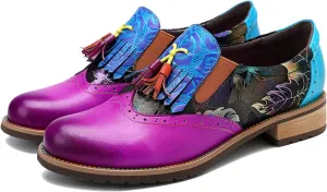 Women's Handmade Lambskin Oxford Loafers Shoes with Retro Ethnic Printed Style, Brock Design for Casual and Fashion Collegiate Style