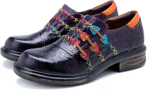Women's Handmade Lambskin Oxford Loafers Shoes with Retro Ethnic Printed Style, Brock Design for Casual and Fashion Collegiate Style